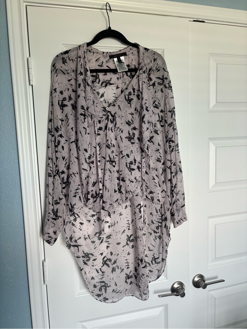 BCBGMaxAzria Lavender and Black Printed Tie-Neck Blouse